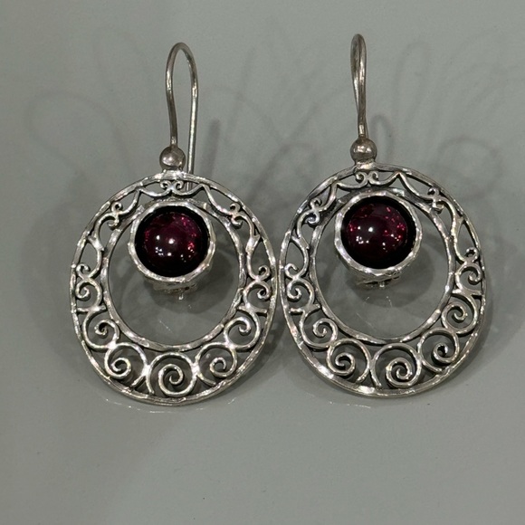 Or Paz Sterling Garnet Oval Scroll Design Dangle Earrings - Picture 1 of 7